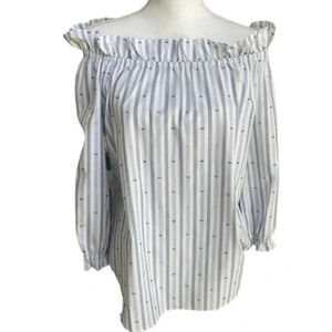 Sara Campbell Popover Off The Shoulders Blue White Stripe Cotton Blouse Size L
